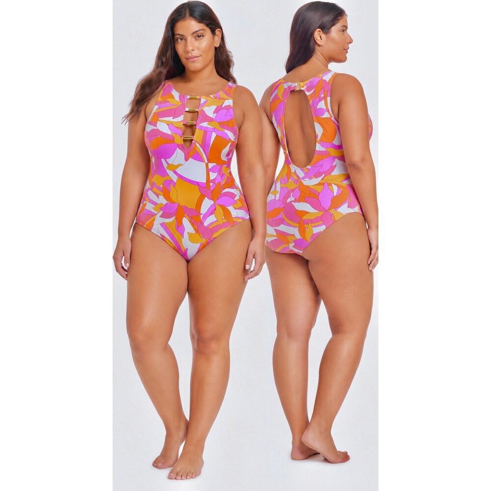 Beyond Control Floral One Piece Swimsuit Size 16 NWT Pink Orange Tropical